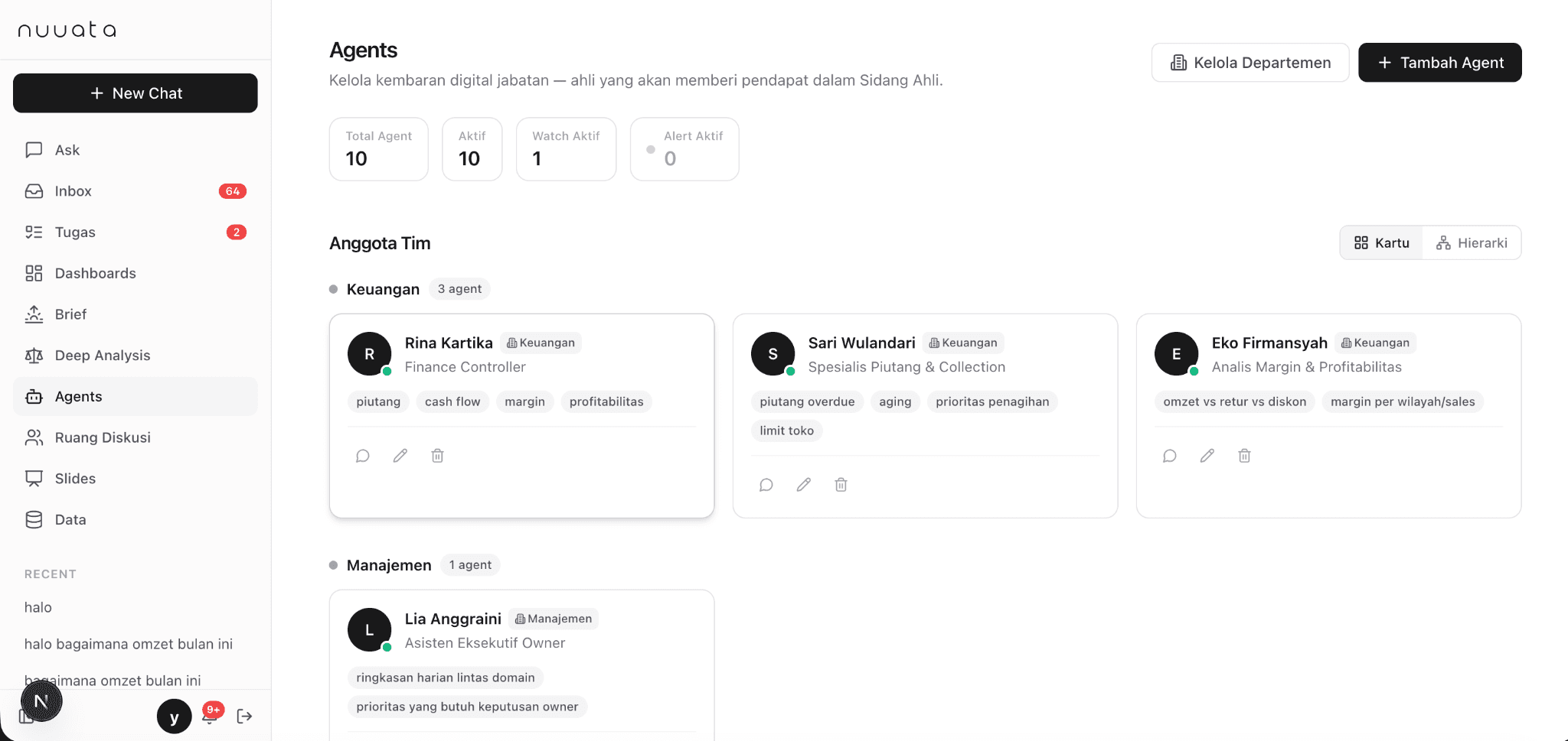 AI agents Nuuata dikelompokkan berdasarkan departemen dan fokus kerja