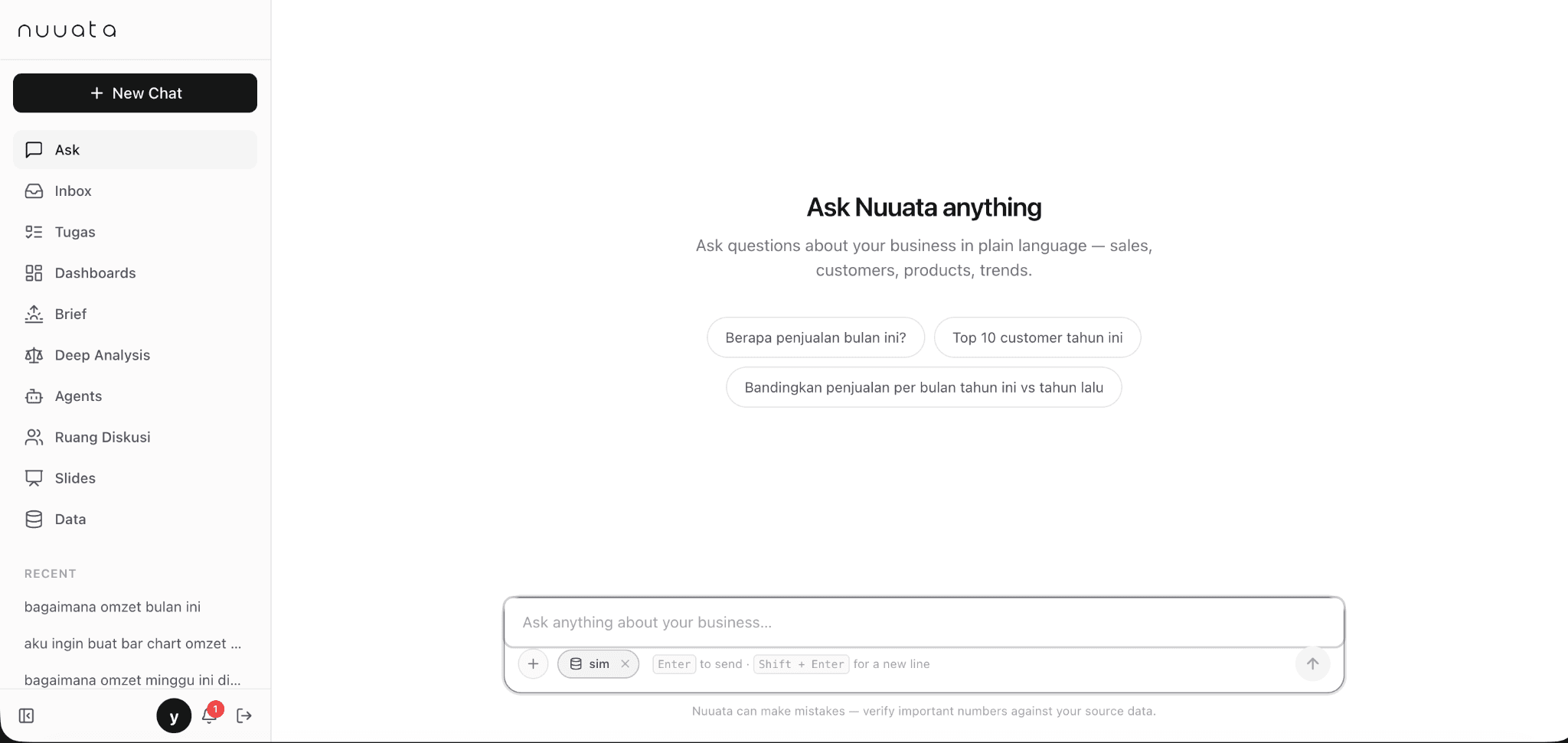 Ask Nuuata: pertanyaan bisnis dalam bahasa sehari-hari, pilihan data, dan riwayat percakapan